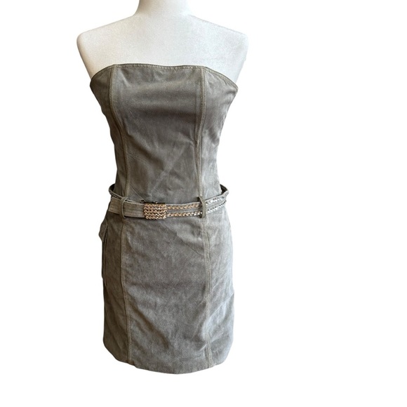 Vintage Wilsons Leather Suede Leather Mini Dress Size SM Green 90s Biker Bodycon - Picture 2 of 16